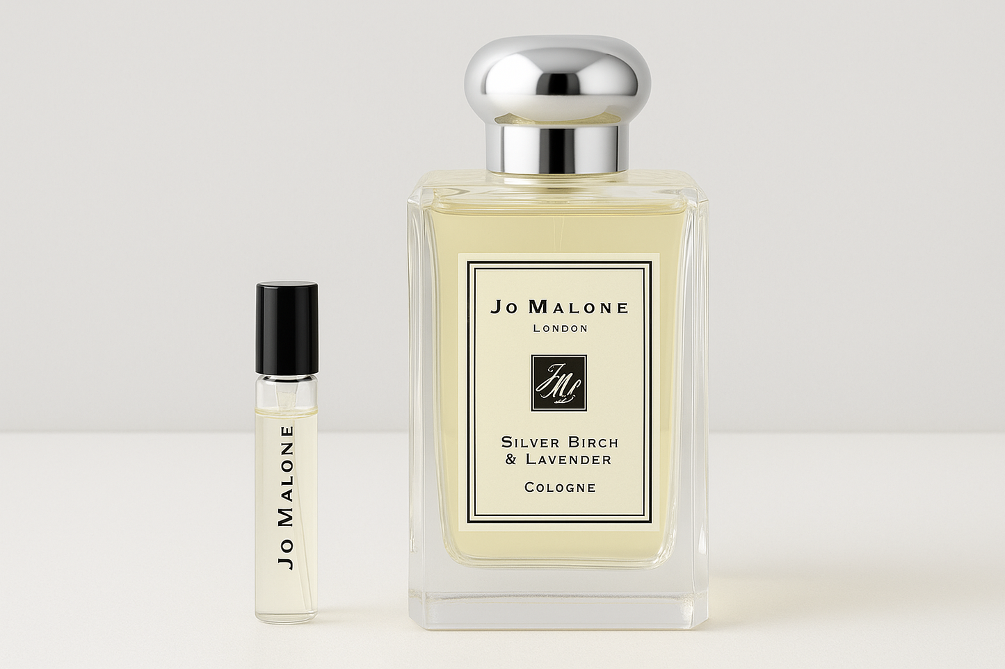 Jo Malone Silver Birch & Lavender Cologne perfume samples, 6ml fragrance sample standing next to 100ml full sized Jo Malone Silver Birch & Lavender Cologne perfume bottle